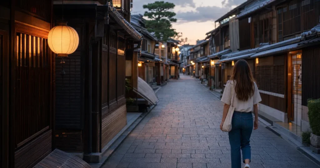 京都の町家風の通りを歩く一人旅の女性旅行者のイメージ画像