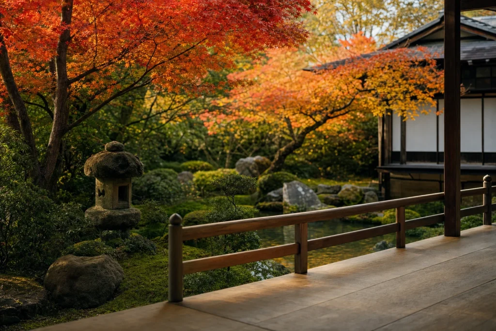 紅葉に囲まれた日本旅館の庭と縁側