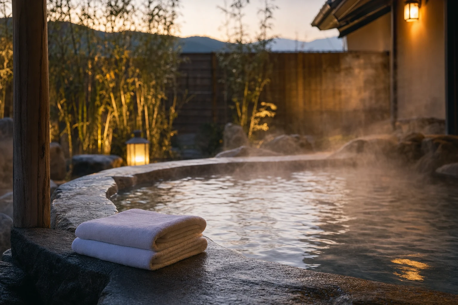 夕暮れの温泉旅館の露天風呂と、湯船の縁に置かれたタオル